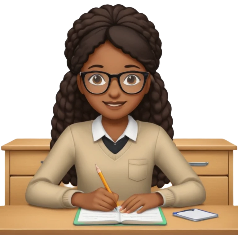 black girl emoji with glasses sitting at a school desk emoji