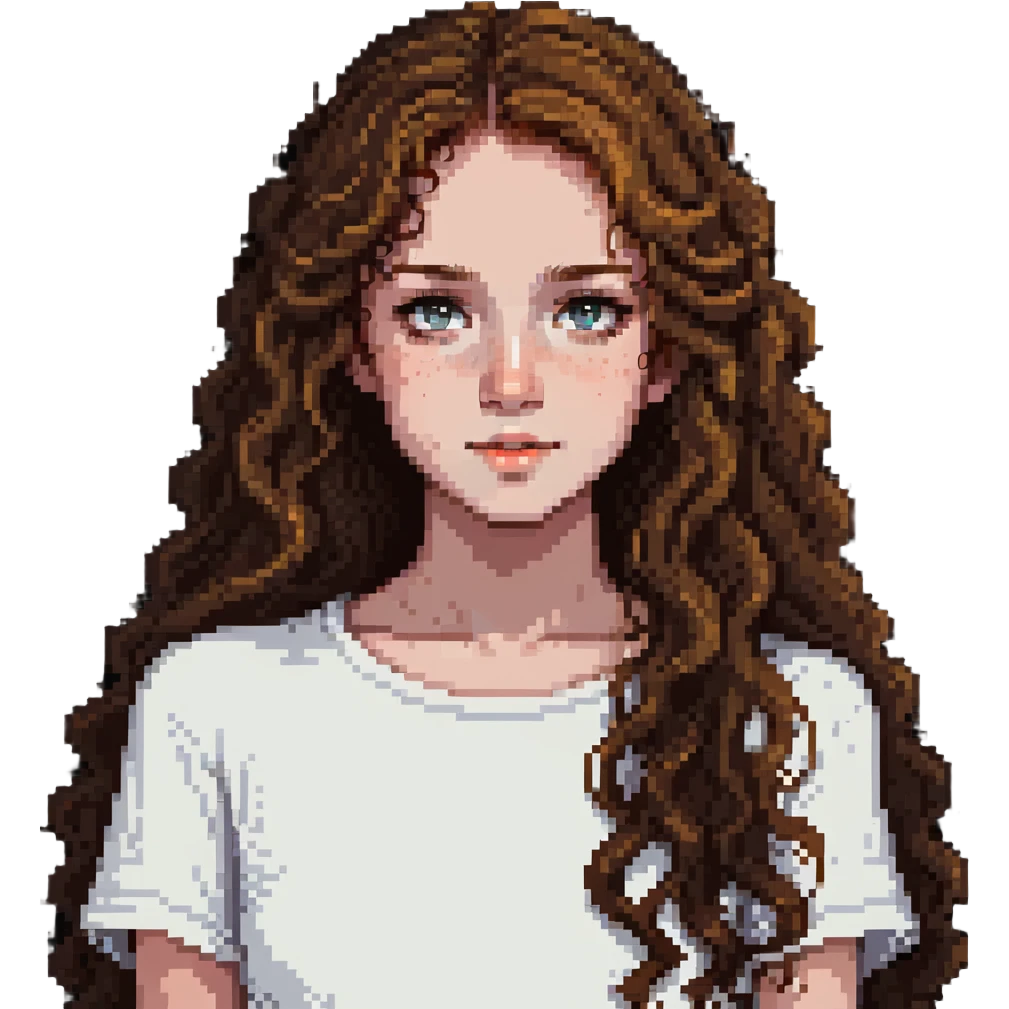 adolescent girl with long wavy hair, freckles, long eyelashes, white top emoji