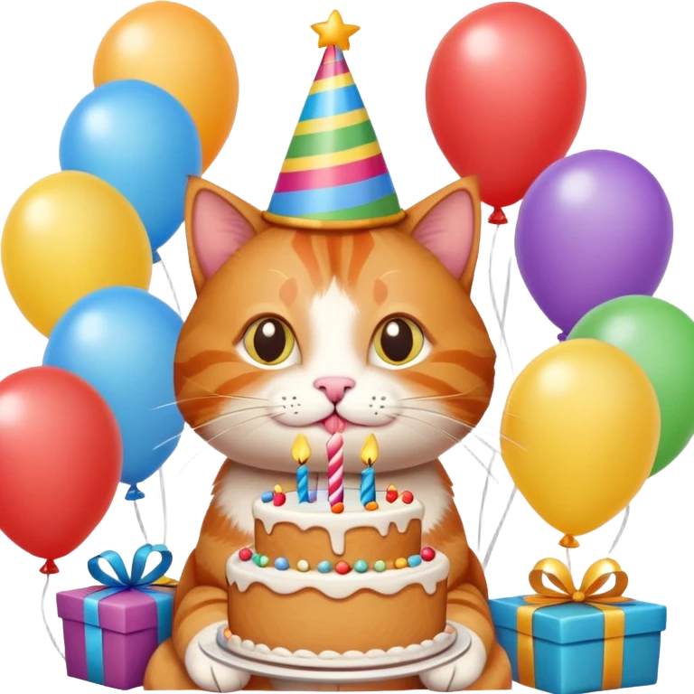 Ginger cat celebrates birthday, birthday hat, birthday cake, balloons, happy, gifts emoji