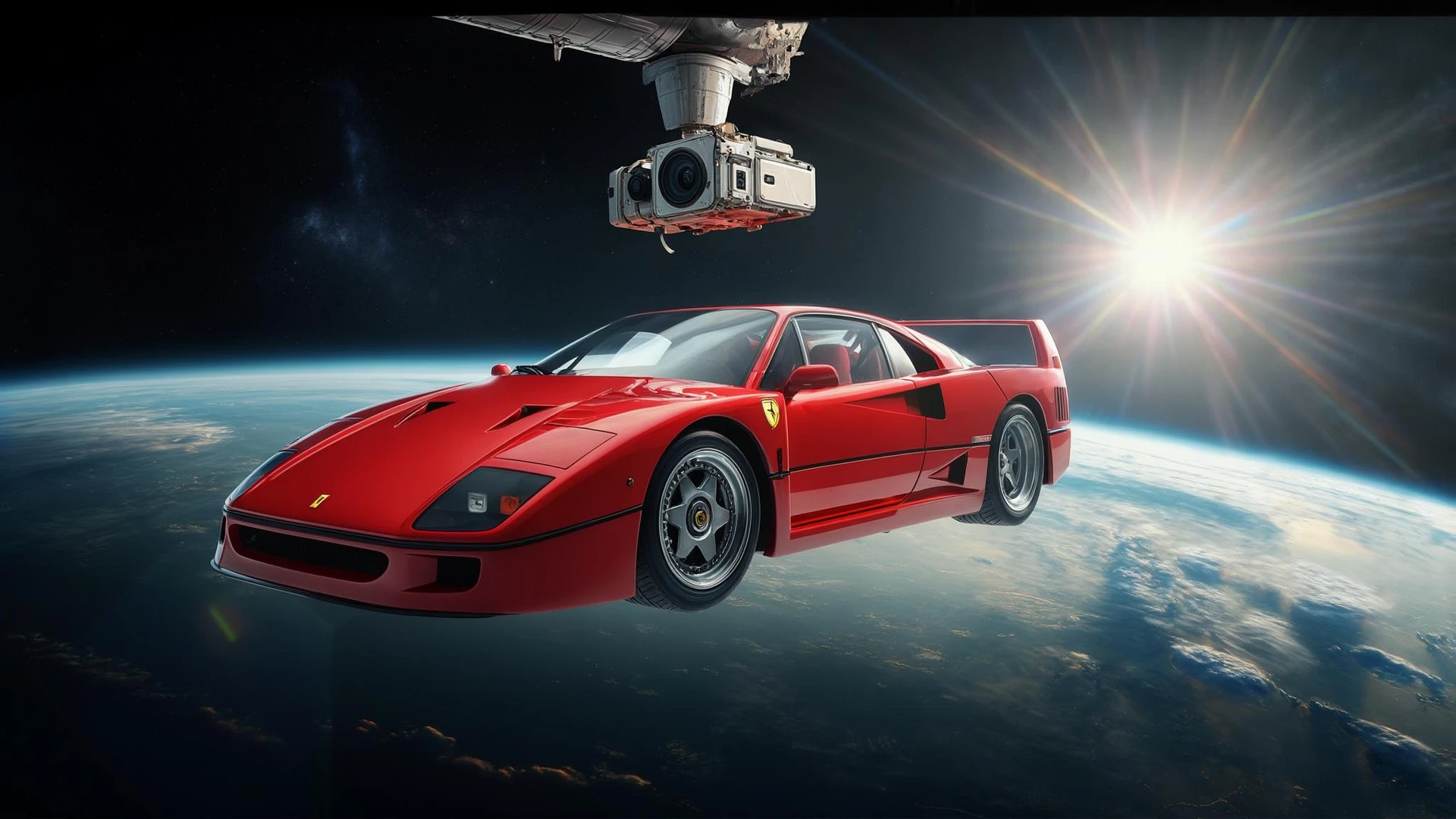 Cinematic still of a ferrari f40 floating in space, shot by space camera connect to spaceship, sun flare, big earth in background, captured by gopro emoji