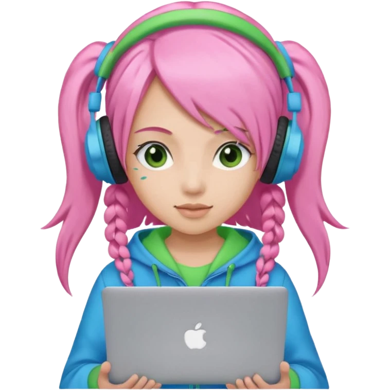 Create an emoji of a woman with long pink twin-tail hair. She is a game streamer, wearing green headphones, holding a MacBook, and dressed in a blue outfit. emoji
