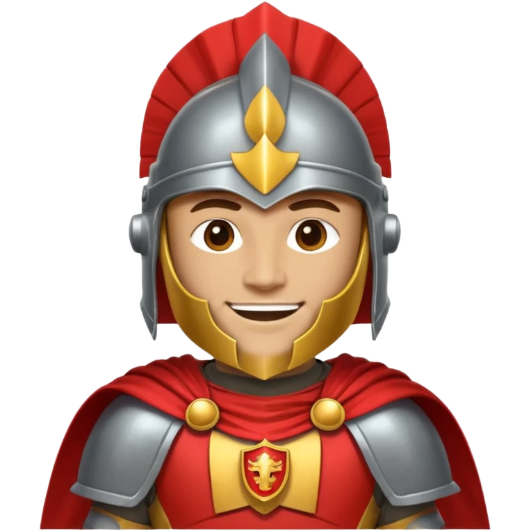 A friendly Trojan warrior mascot with a large cartoon-style head, wearing a silver helmet with a red crest and black cheek guards. confident smile. The character wears dark armor with metallic details and a bright yellow cape emoji