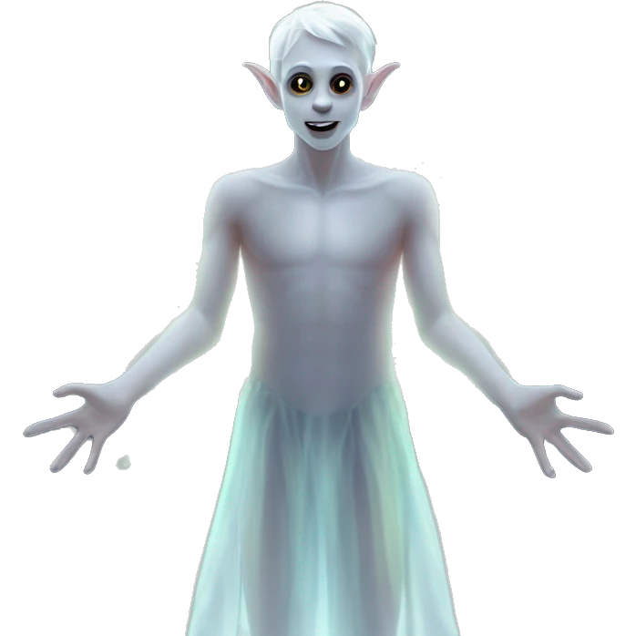 Elf male ghost fairy in a translucent dress, ephemeral wings, surrounded by glowing ghostly lights, Halloween theme, emoji emoji