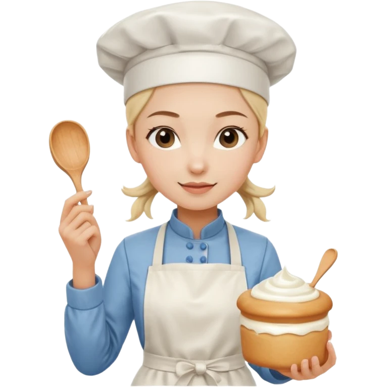 Young female pastry chef - single ponytail, apron, wearing a white hat, holding a cream bag emoji