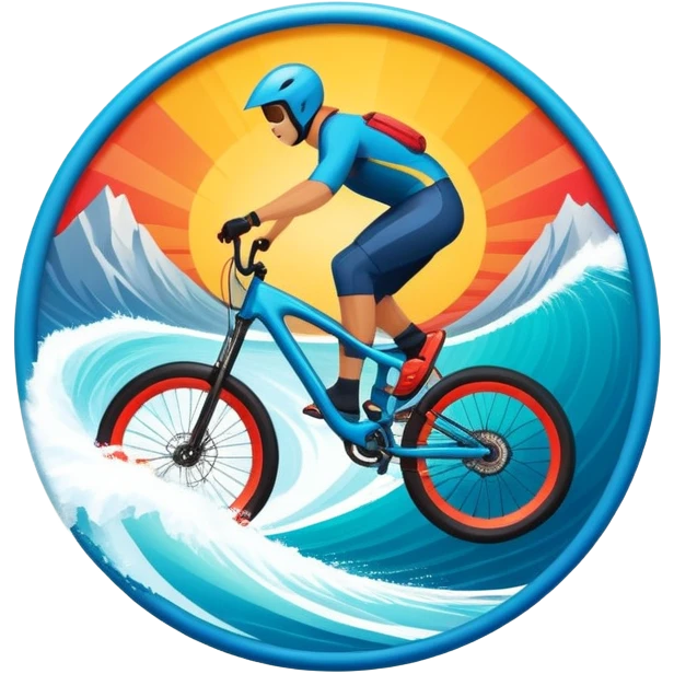 A bold, dynamic emblem combining elements of extreme sports like a mountain, a bike, surfing, ocean and a parachute, all within a circular or shield-like shape. The design conveys speed, adventure, with sharp lines and vibrant colors representing the thrill and intensity of extreme sports. emoji