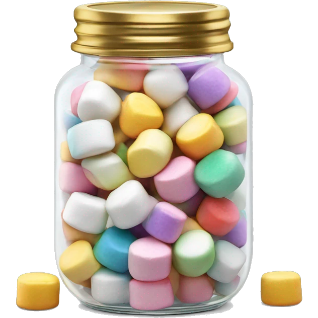Realistic colorful marshmallows in a glass jar with a gold screw on lid on the top. emoji