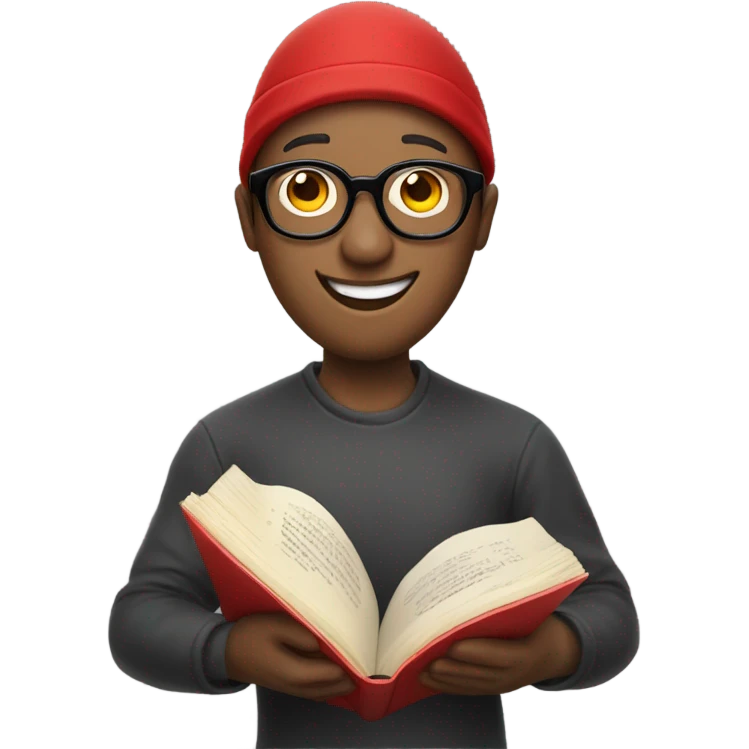 Happy, egg shaped person wering rounded black color glasses and wearing  red cap and reading bok emoji