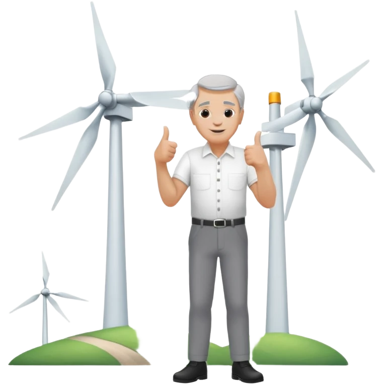 an older white man with grey hair and a white shirt and black pants doing a thumbs up pose, standing next to a silver wind turbine emoji