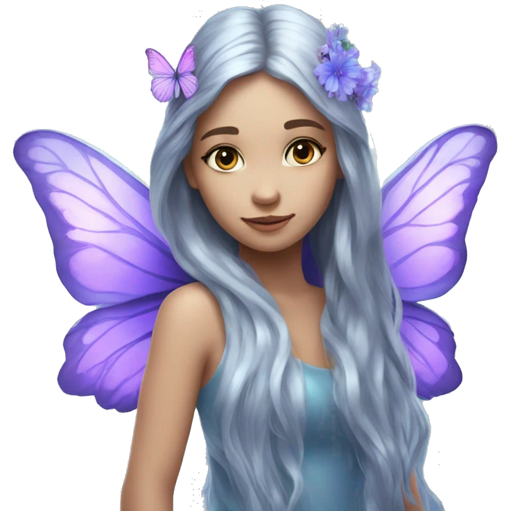 Beautiful, flower, fairy, blue, silver, purple, long hair, big butterfly wings emoji