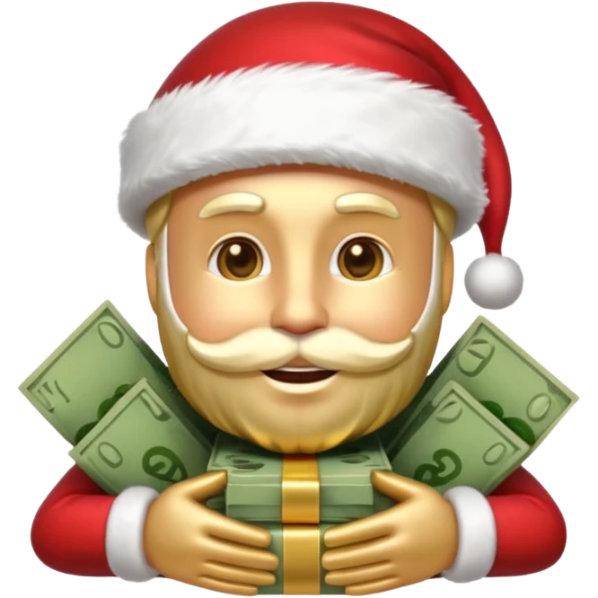 A confident rich emoji face wearing a Santa hat, money stacks, casino vibe, New Year theme, premium 3D emoji style, sharp details, no text, isolated on transparent background emoji