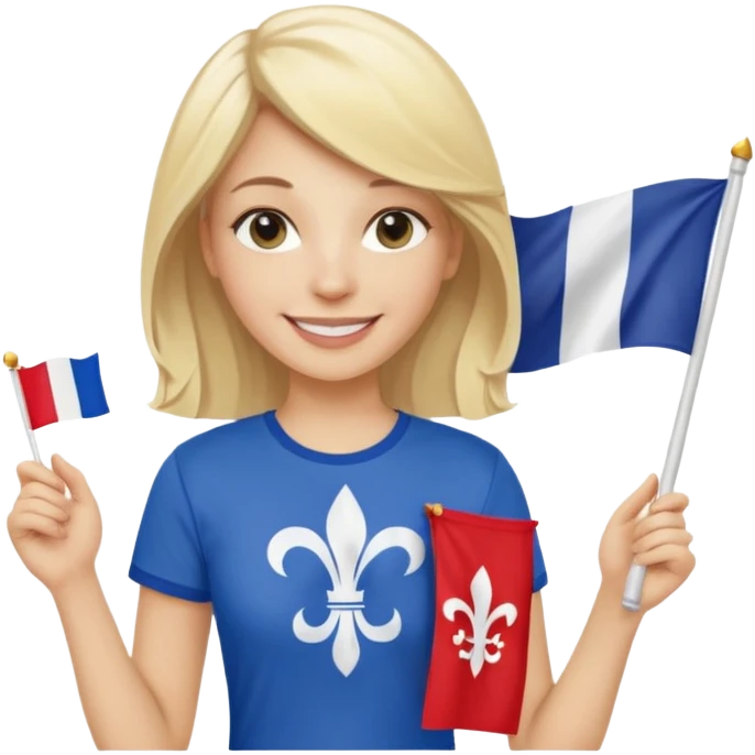 White woman with blonde hair holding a French flag in hand with a fleur-de-lily t-shirt emoji
