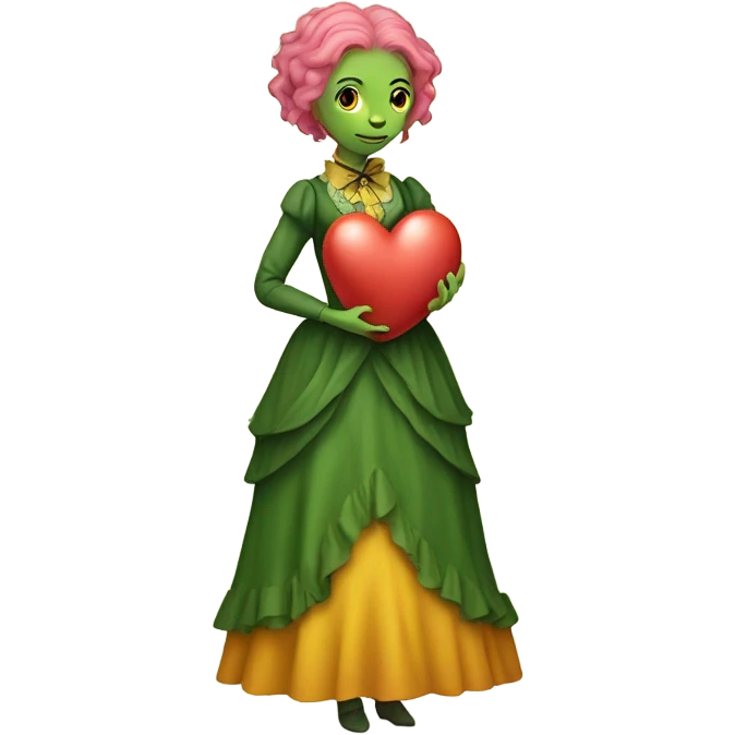 a green reptilian woman in Victorian orange and jellow dress, pink hair,holdig, red big hearth, full body emoji