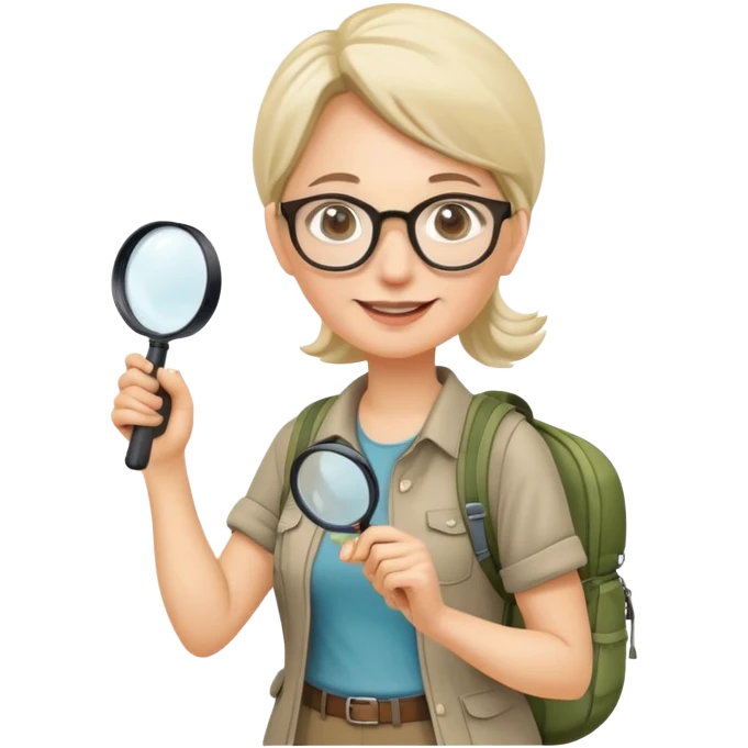 Happy woman hiker in her 40s with glasses and backpack, holding exactly one magnifying glass in one hand only emoji
