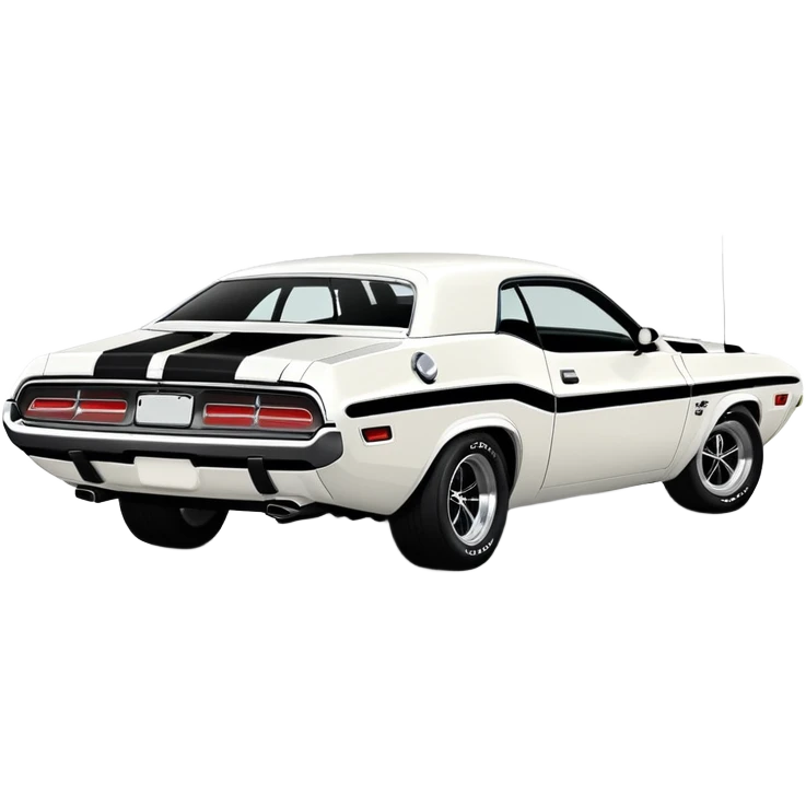 Minimalist white 1971 Dodge Challenger muscle car, side view, iconic white paint job, black stripe on the side, classic American muscle car from the movie Death Proof emoji