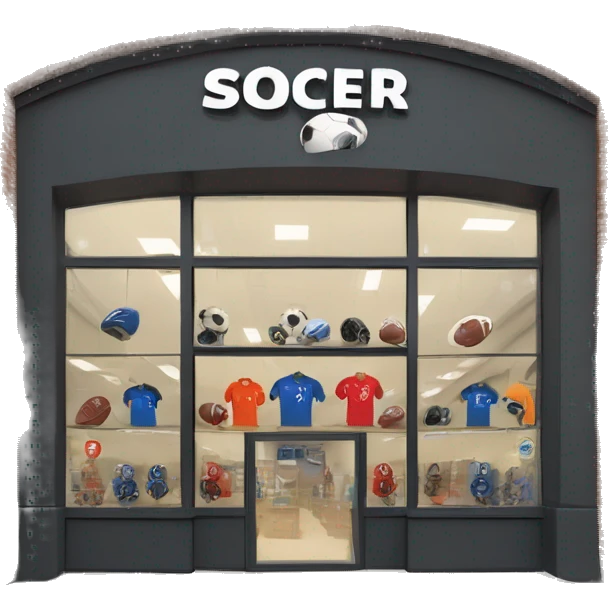 “Soccer store exterior with bold signage, large windows showcasing football gear, jerseys, and accessories, and a dynamic, athletic design reflecting the energy of the sport.” emoji