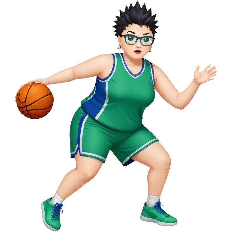 FULL BODY PLUS SIZE  WHITE women with DARK short hair SPIKEY HAIR and glasses playing basketball IN BLUE AND GREE UNIFORM NO WRITING emoji