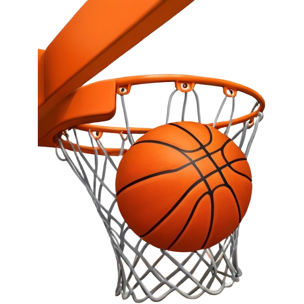 A close-up shot of a basketball entering the hoop, with the ball swishing through and inside  the net. The background features a blurred basketball court, emphasizing the perfect shot and the excitement of the game. emoji