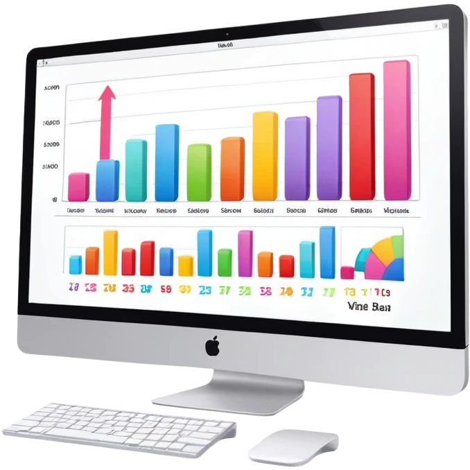 iMac computer with bar charts and beauty products inside the screen emoji