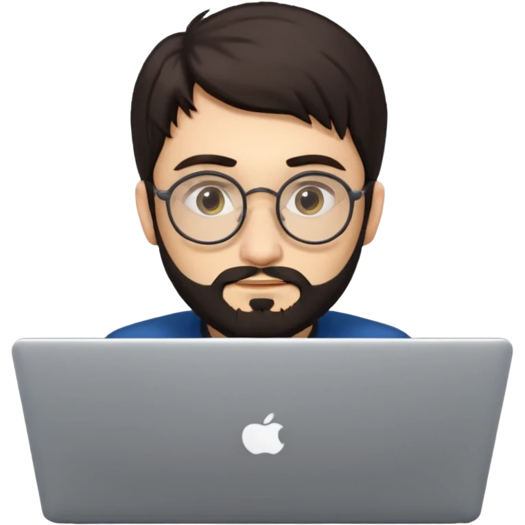 23 year old Azerbaijani man with very dark brown hair and beard with glasses and laptop , light yellow skin face, not European, glasses like a harry potter emoji