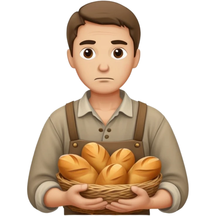 peasant in an old shirt photorealistic serious face with bread in hands emoji