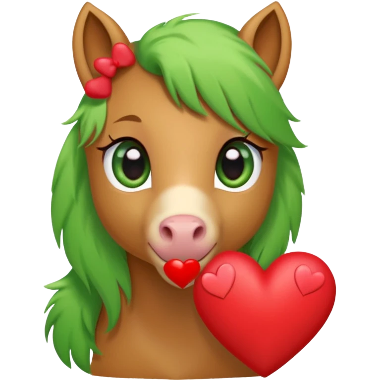 light brown pony with green eyes in love surrounded by red hearts emoji