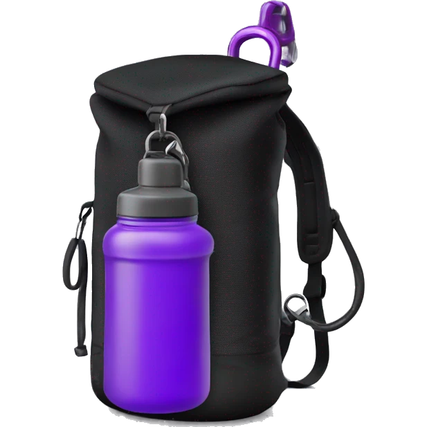 Gym backpack black and purple with a gym shaker attached to it with a small carabiner. Shaker is transparent emoji