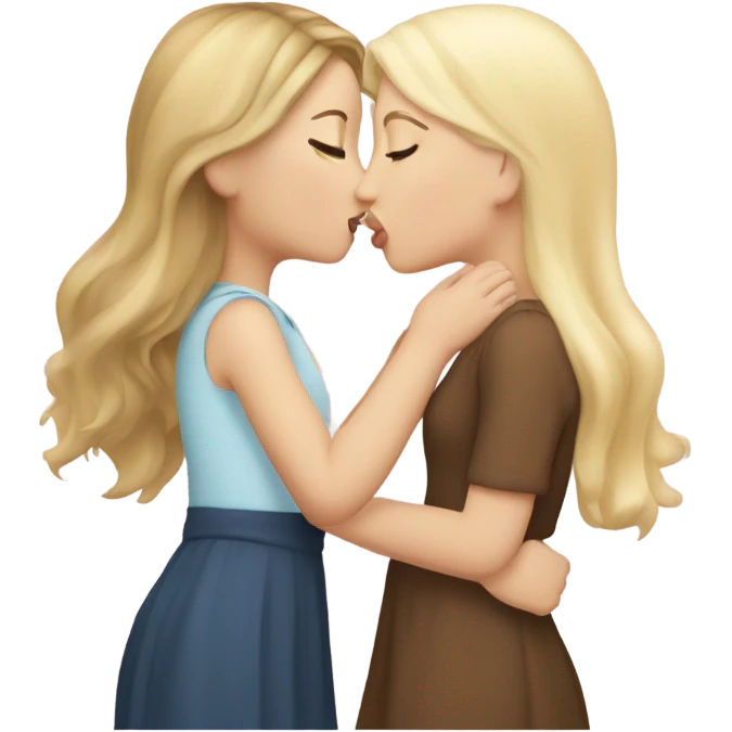 A girl kisses another girl on the cheek, both blush. One has white skin and blonde hair, and the other has white skin and brown hair. emoji