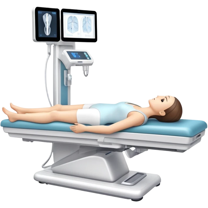 3D medical DEXA scan machine with patient lying on table, bone density measurement equipment emoji