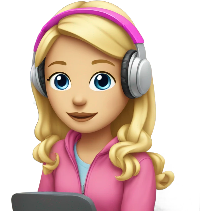 blonde hair blue eyed girl pink headphones and computer emoji