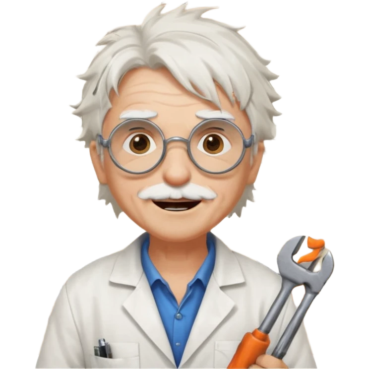 Portrait of an eccentric inventor with messy white hair, round goggles on forehead, wrinkled face with excited expression, wearing a slightly burnt lab coat, background of workshop with blueprints and tools emoji