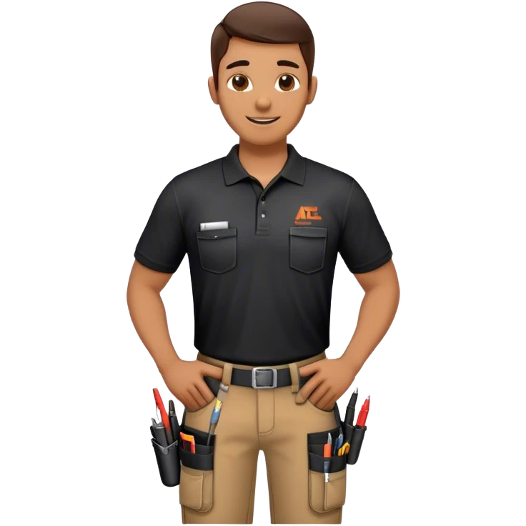 A skilled building technician with a friendly smile. He wears a black polo shirt with a company logo and dark work pants equipped with tool holsters. Holding a diagnostic tool and cables, he appears focused and professional, ready for maintenance or repair tasks. emoji