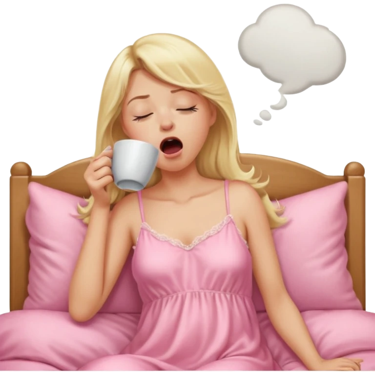 A blonde woman in a pink nightgown yawns, looking sleepy with dark circles under her eyes, drinking coffee, looking like she just woke up emoji