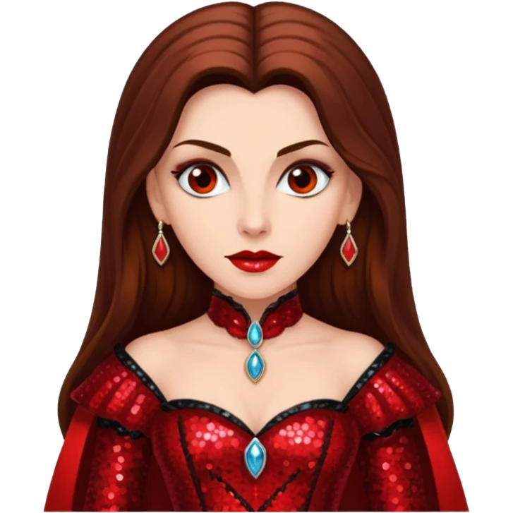 Countess Dracula with long brown hair, red sequin outfit emoji