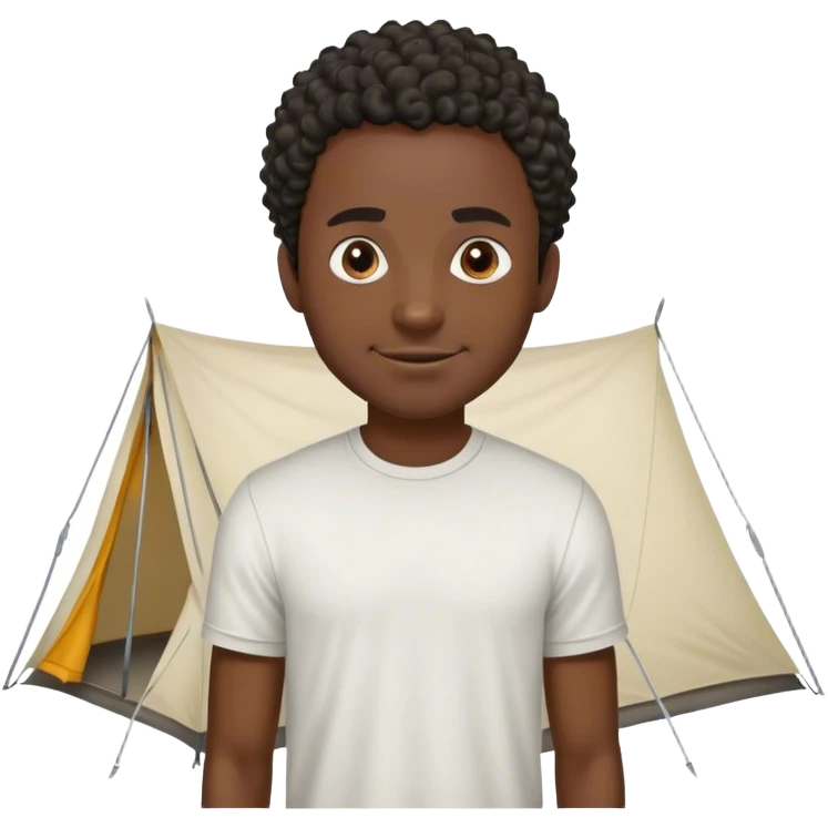 dark skinned black man wearing a t shirt with short curly hair standing next to a tent looking at the tent with an evil smile on his face emoji