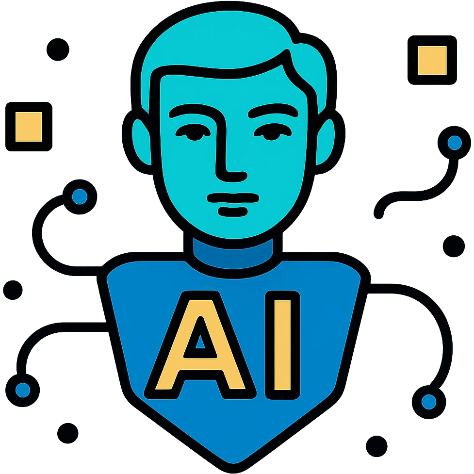 Make the abstract geometric AI shape look more human, incorporating a stylized human face and features, keeping the minimalist, tech-inspired style with no background. emoji