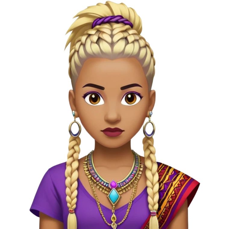 Brown skinned woman who is 5ft 6in with a blonde and black mohawk of individual braids, with shaved sides wearing a purple,  gold and red dashiki wearing royalty jewelry emoji