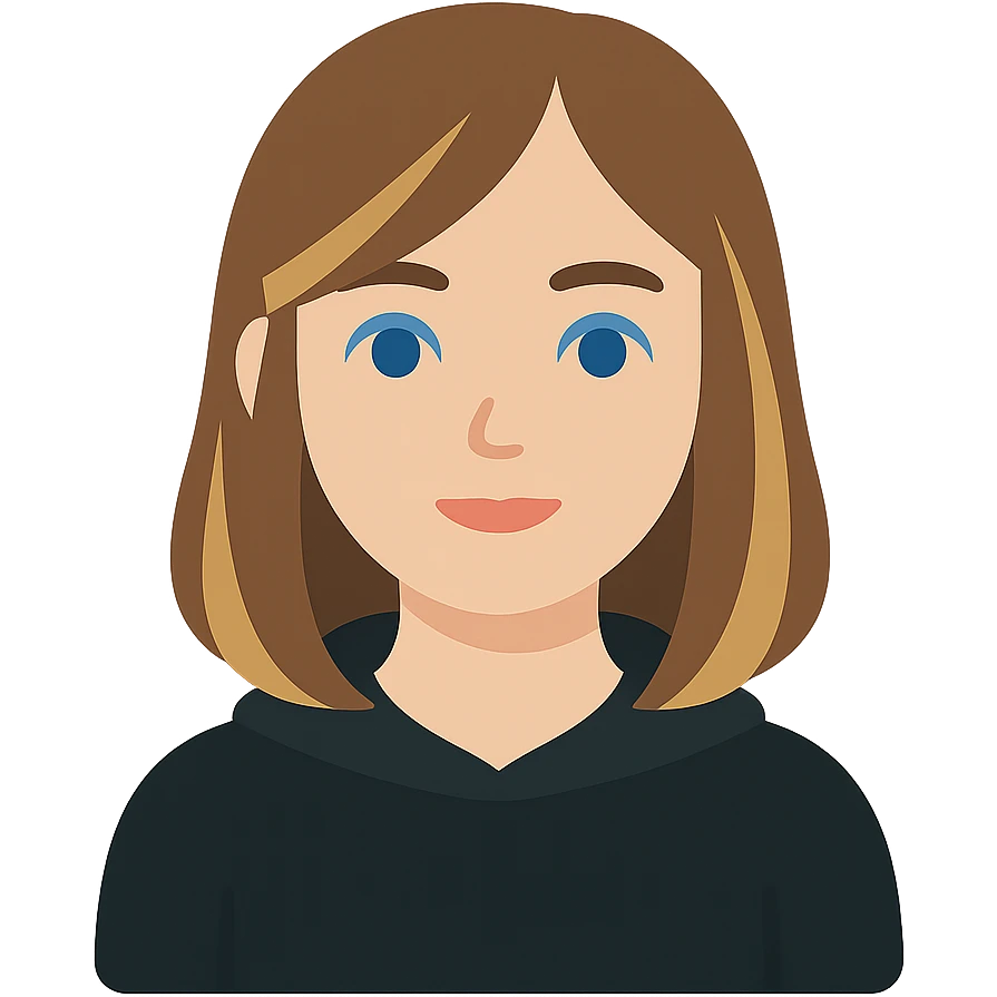 designer girl with blue eyes, shoulder-length brown hair with blonde highlights, wearing a black hoodie emoji