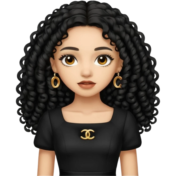 Light skin girl with black very long curly hair, brown eyes, black Chanel dress emoji