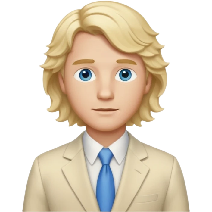 Tom Bryant from Summer of Fear with blonde wavy hair, blue eyes, cream suit emoji