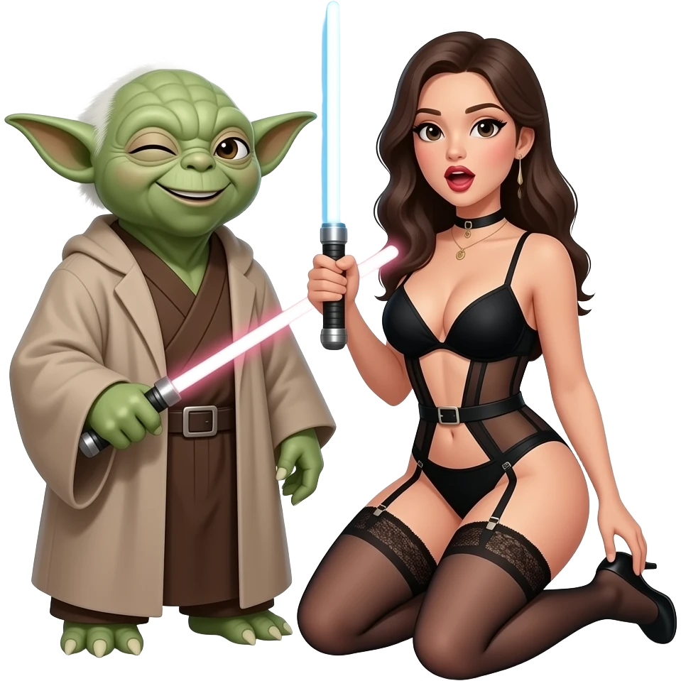 Yoda smiling with a wink, with a lady, wearing black see through lingerienurse ,topless, more cleavage  top of clothes more low cuta large light saberlarge breasts, garter belt, kneeling , mouth open emoji