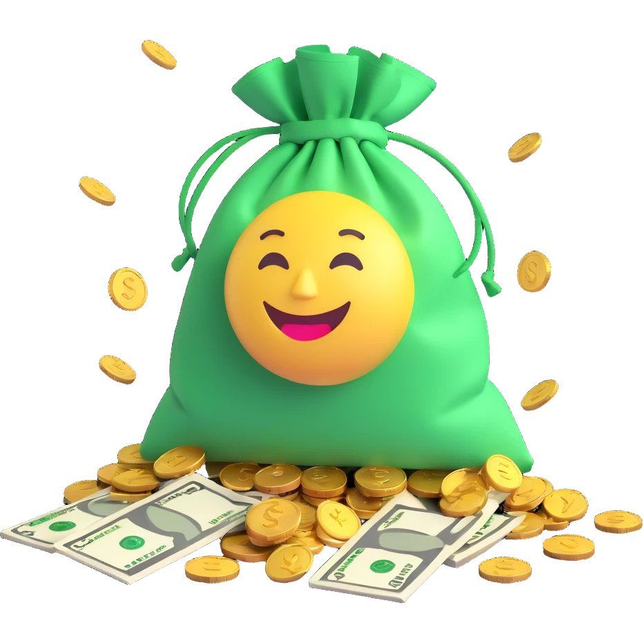 playful emoji style bag of money with green bills and gold coins spilling out emoji