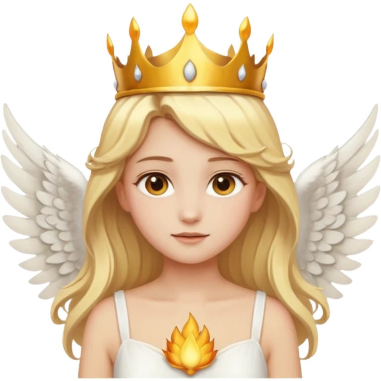 Emoji-style angel: blonde hair, golden flame-like crown, golden halo, large detailed white wings, white dress, soft cute emoji aesthetic. emoji