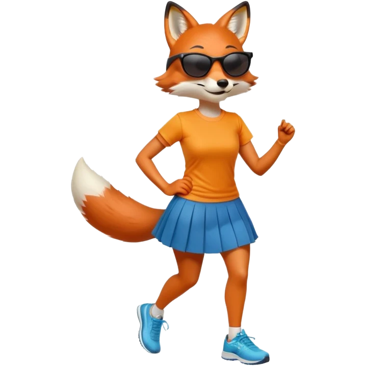 friendly anthropomorphised female fox in skirt and t-shirt, wearing dark sunglasses, jogging upright in standard pose emoji
