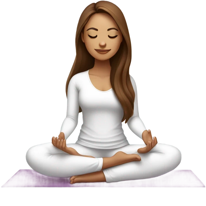 brown long hair and closed eyes yoga beautiful girl in white clothes sitting on a yoga mat emoji