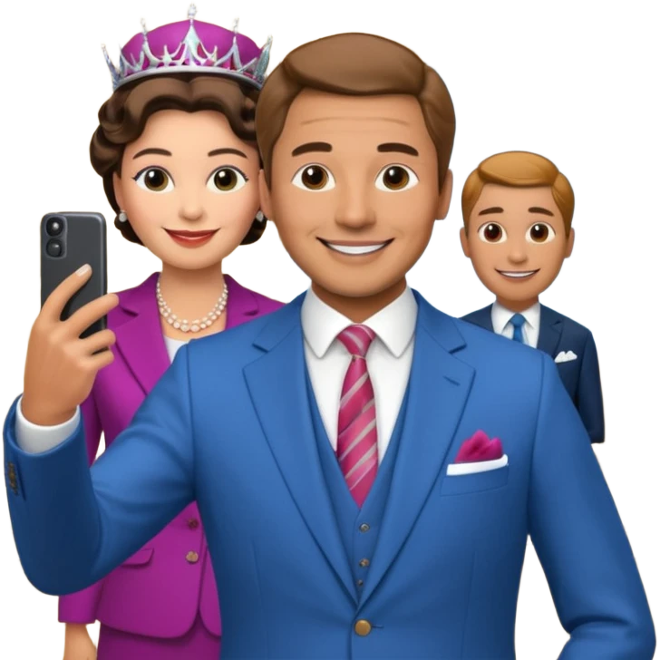 A person/a man who's taking a selfie in a room with the wax figures of the queen elizabeth the II emoji