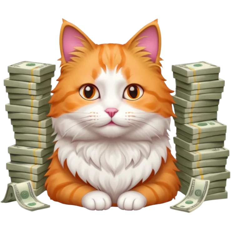 Cute cat surrounded by money emoji