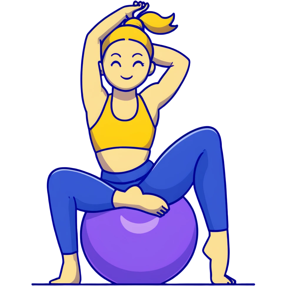 Yellow-skinned girl with high ponytail wearing blue sports bra and navy yoga pants doing yoga with a large exercise ball emoji