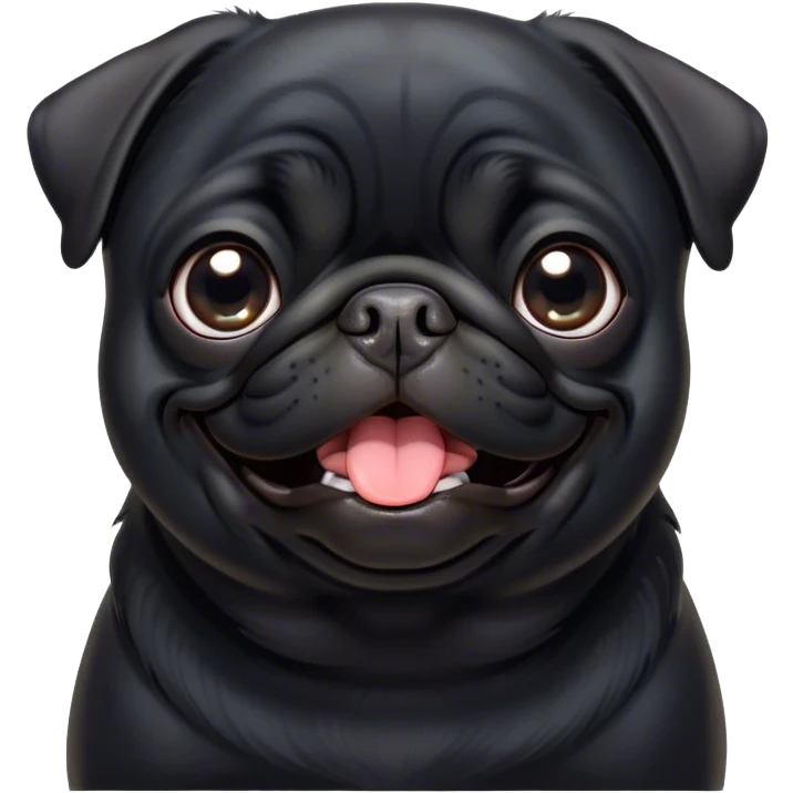 Cinematic Comical Black Pug Portrait Emoji, Head tilted dramatically with an exaggeratedly amused expression, featuring a sleek black coat with a glossy finish, wide, expressive dark eyes filled with playful disbelief, Simplified yet hilariously expressive features, highly detailed, glowing with a slightly sassy glow, high shine, dramatic yet playful, stylized with an air of cheeky mischief, bright and endearing, soft glowing outline, capturing the essence of a spirited and over-the-top companion, so meme-worthy it feels like it could side-eye its way into internet fame instantly! emoji