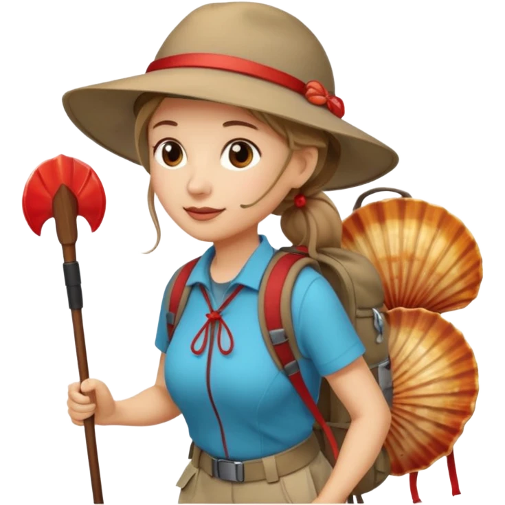 Middle aged women, long brown ponytail with wide brim hiking hat. With backpack and trekking poles. Backpack has a scallop shell with the cross of saint james hanging from it.  Remove the cross and add a scallop shell on a red string hanging from the backpack  emoji