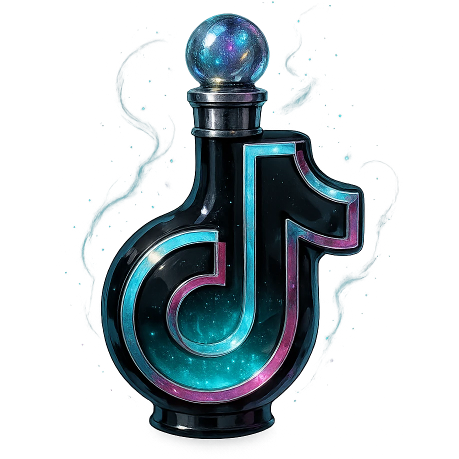 prabangus eliksyro buteliukas, TikTok logotipo forma, juoda ir žydra su rožiniais akcentais, sidabrinės ir holografinės detalės, daug magiškų efektų, labai mažas kaklelis, vientisas dugnas, skaidrus fonas, buteliukas plūduriuoja ore, be pagrindo ar šešėlio, modernus, kolekcijai tinkamas emoji